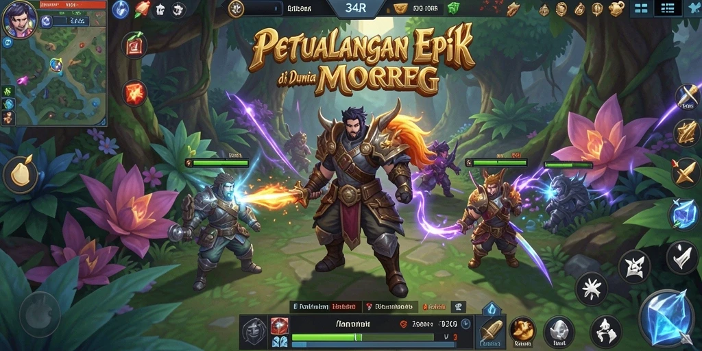 Screenshot gameplay 34R yang menggambarkan pertarungan epik dan dunia yang kaya.