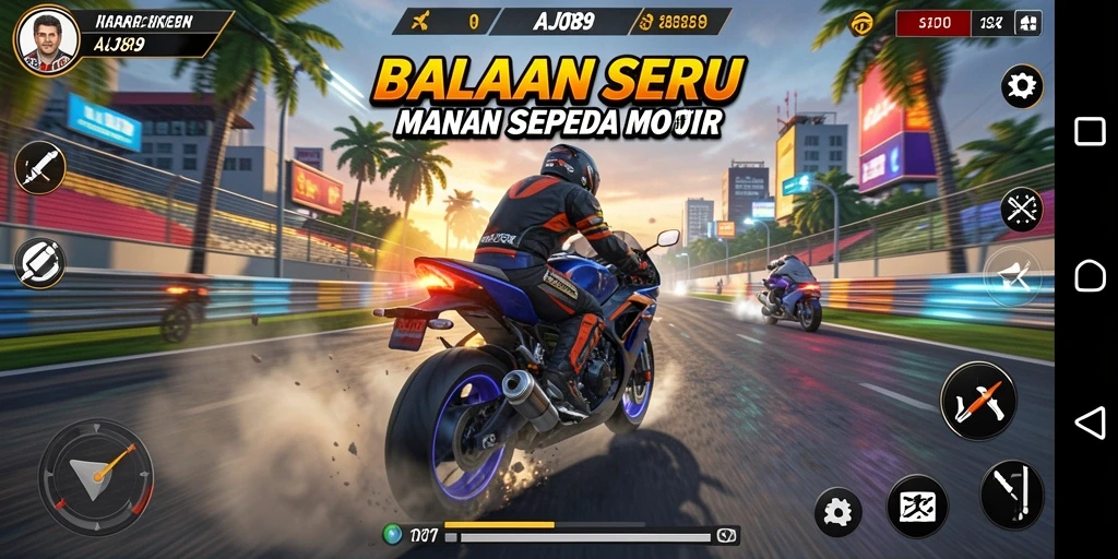 Tangkapan layar gameplay AJO89 yang menampilkan balapan motor seru.