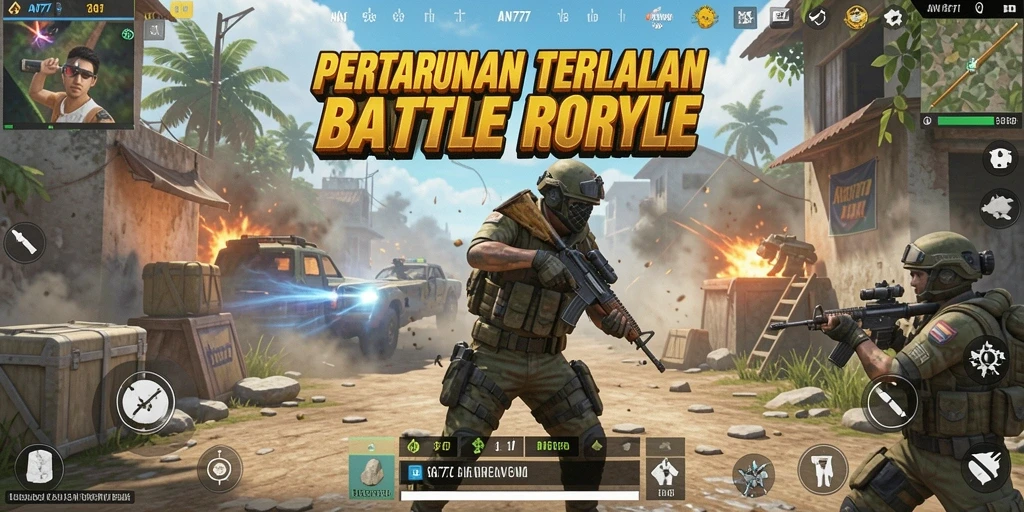 Screenshot utama AN777 menampilkan aksi intens dalam pertempuran Battle Royale.