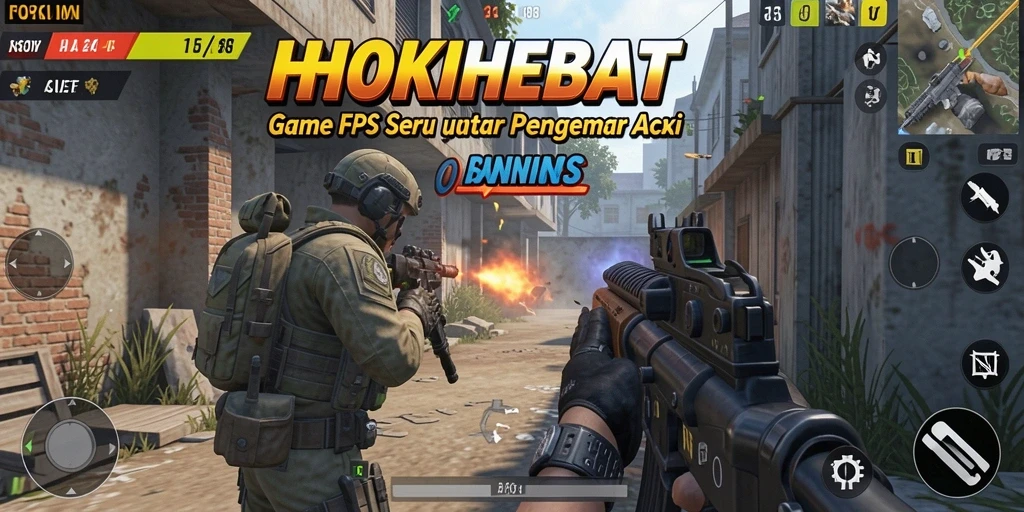 Screenshot HOKIHEBAT menampilkan pertempuran intense dalam mode FPS.