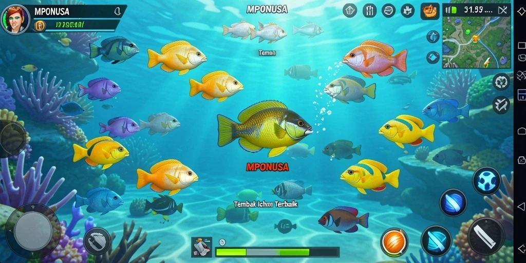 Screenshot gameplay MPONUSA menampilkan aksi seru menembak ikan.