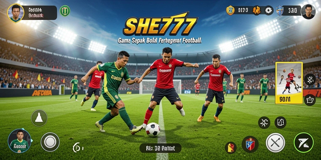 Tampilan gameplay seru dalam SHE777 dengan aksi sepak bola nyata.