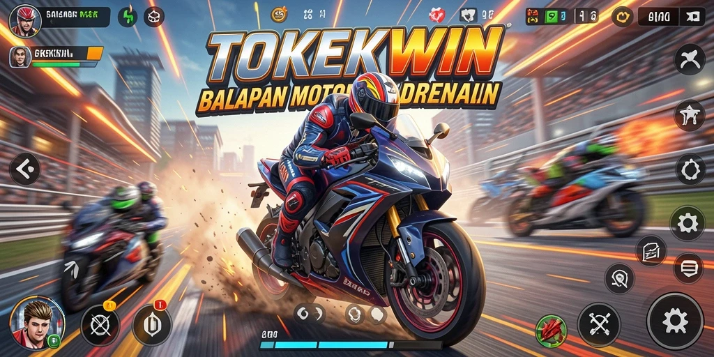 Screenshot gameplay TOKEKWIN menunjukkan aksi balapan motor yang mendebarkan.
